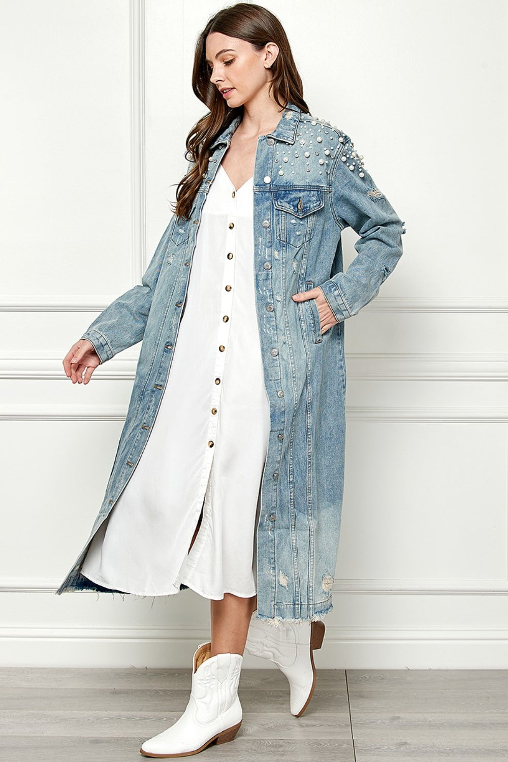 Veveret Full Size Distressed Raw Hem Pearl Detail Button Up Jacket