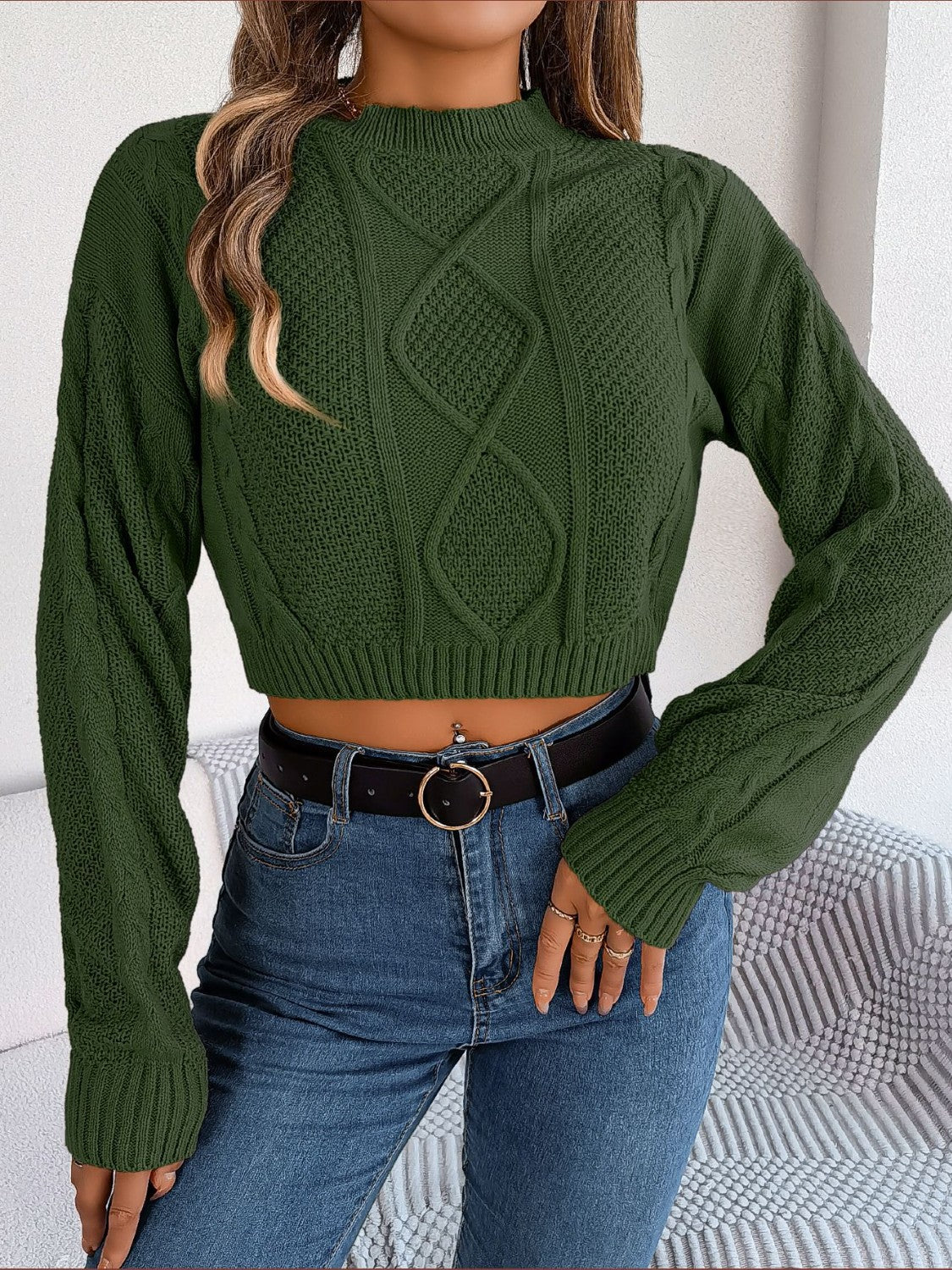 Cable-Knit Round Neck Cropped Sweater