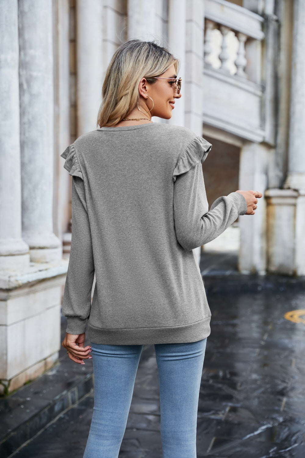 Ruffled Heathered V-Neck Long Sleeve T-Shirt