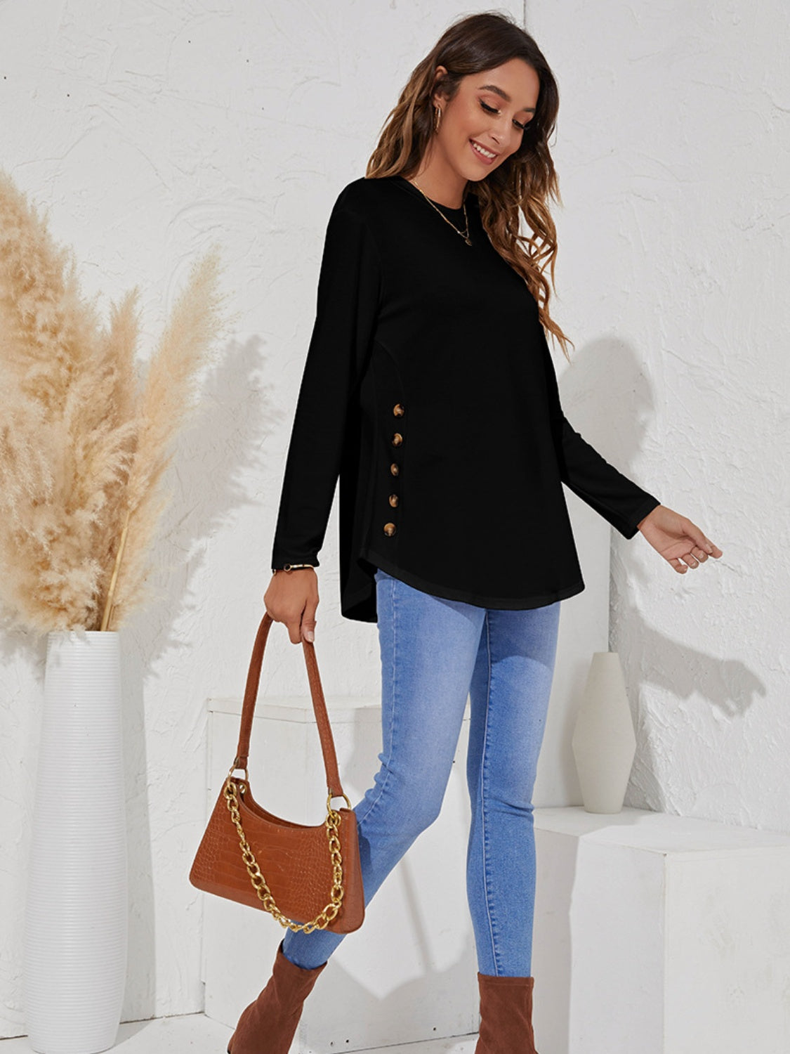 Decorative Button Round Neck Long Sleeve T-Shirt