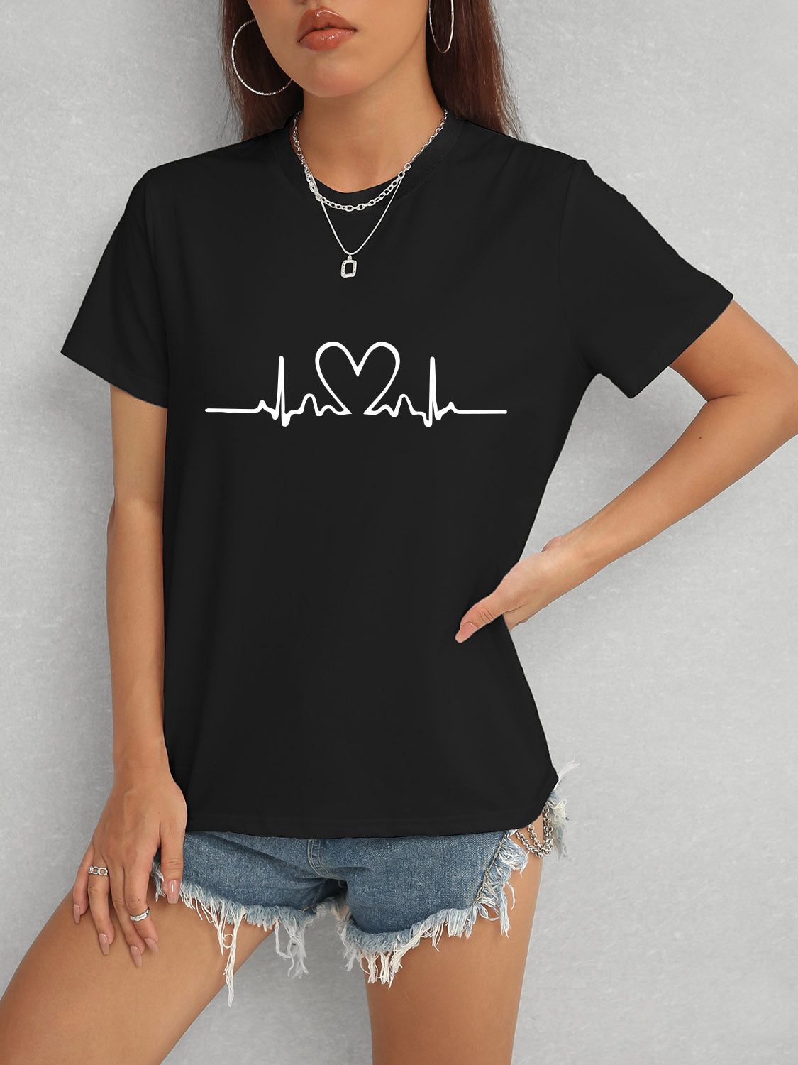 Heart Round Neck Short Sleeve T-Shirt