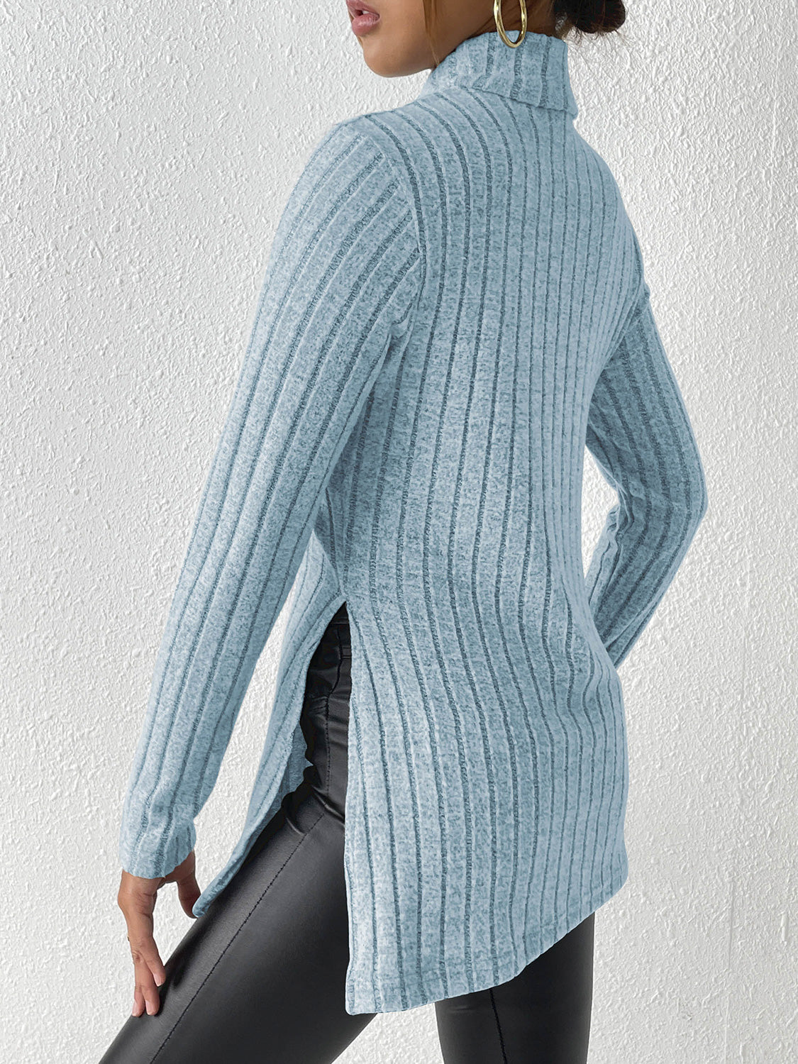 Ribbed Turtleneck Long Sleeve Slit T-Shirt