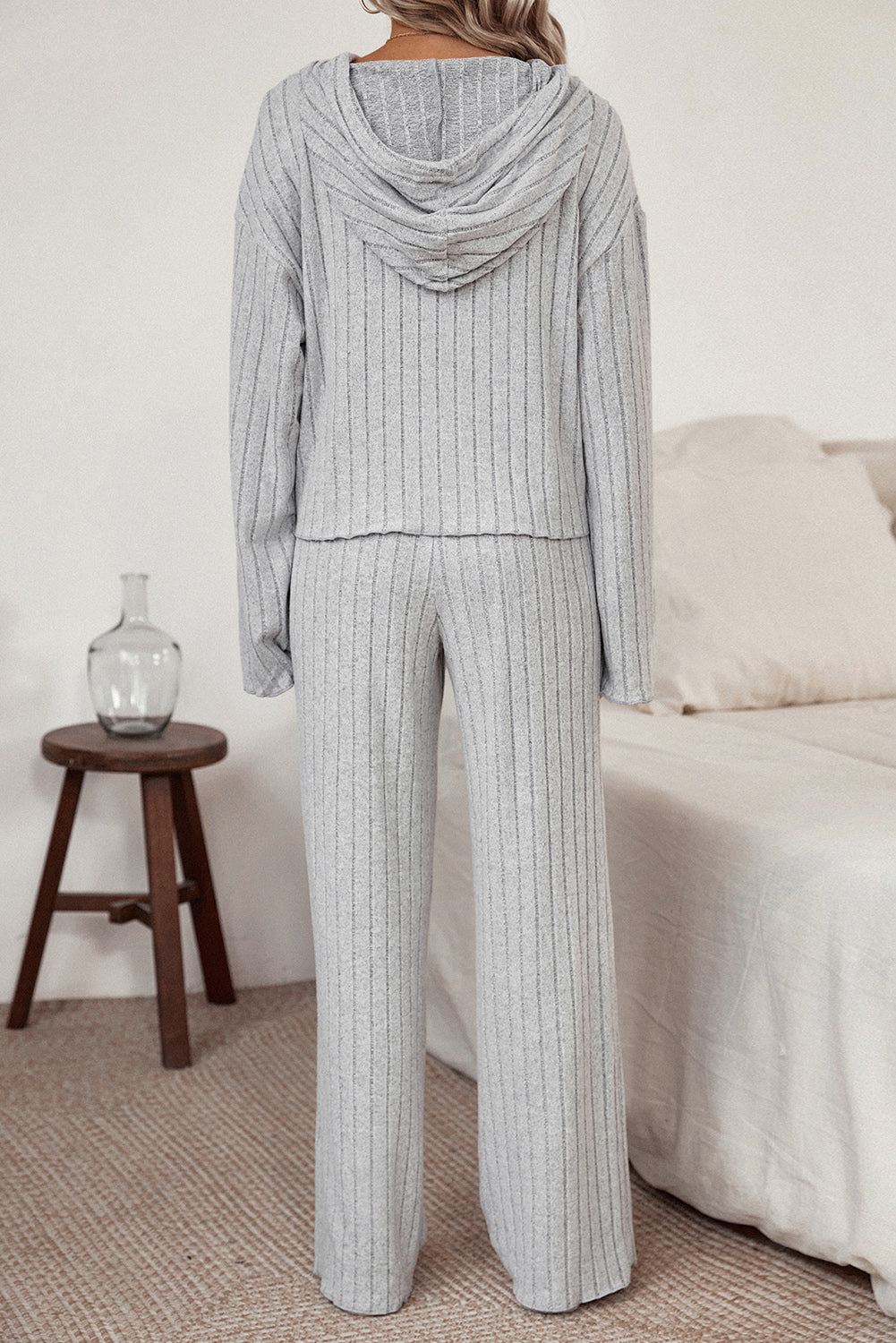 Ribbed Drawstring Hoodie and Pants Lounge Set