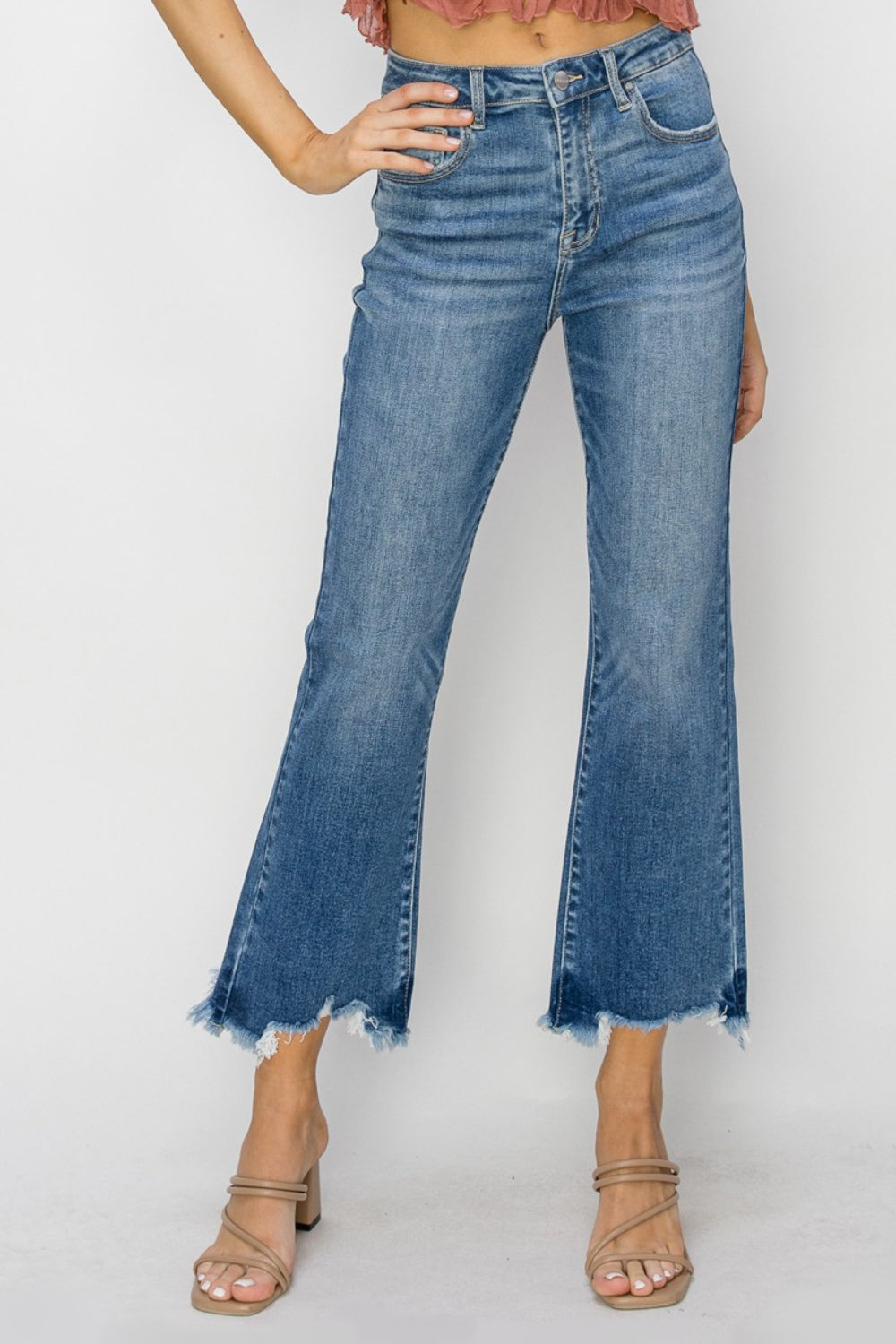 RISEN High Waist Raw Hem Flare Jeans