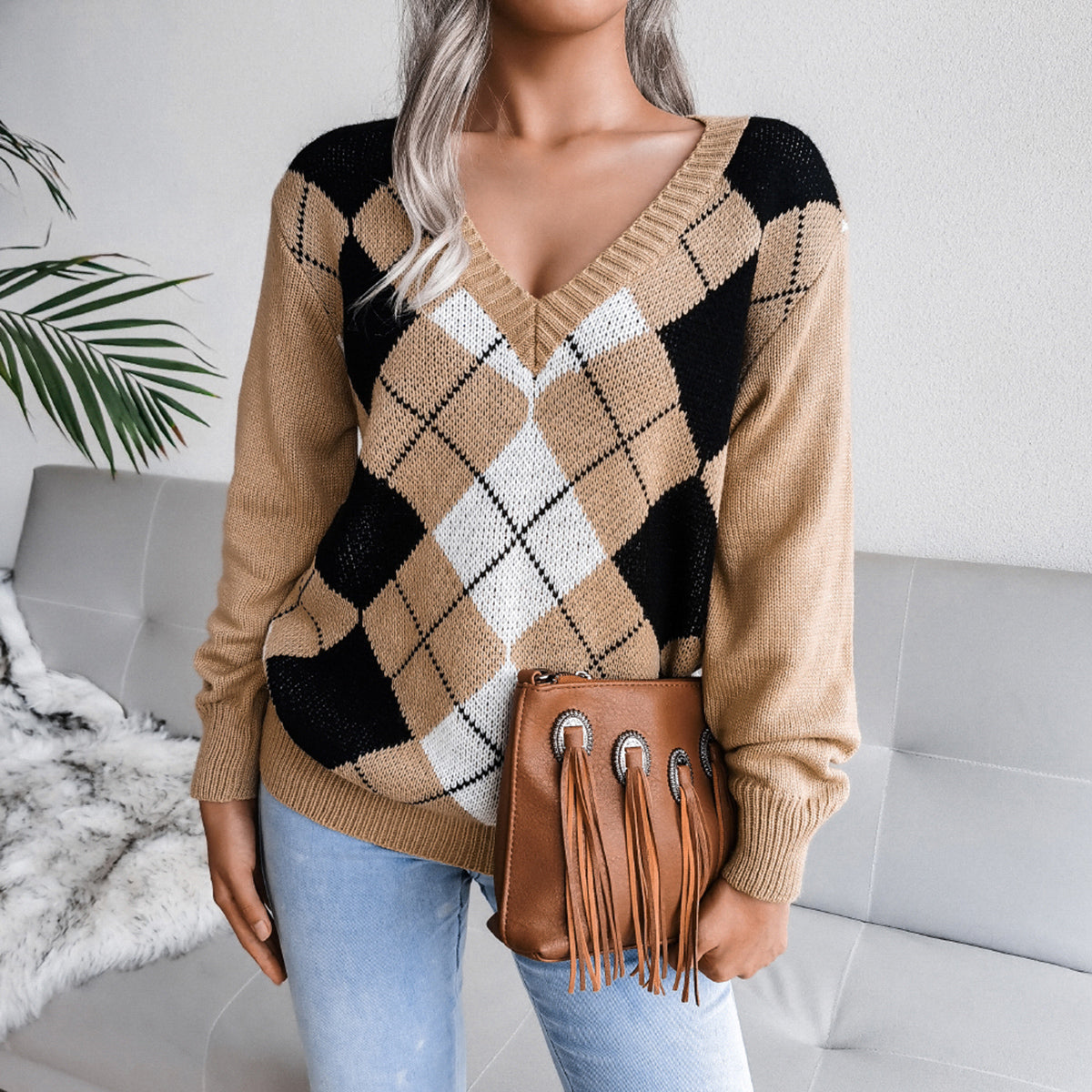 Geometric V-Neck Sweater