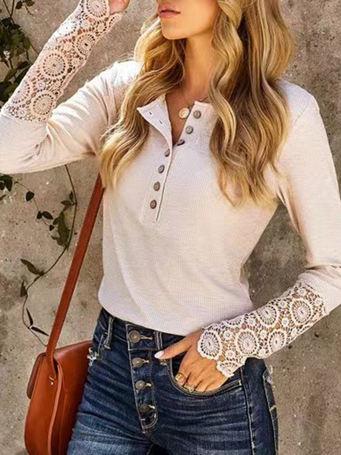 Lace Detail Half Button Long Sleve Knit Top