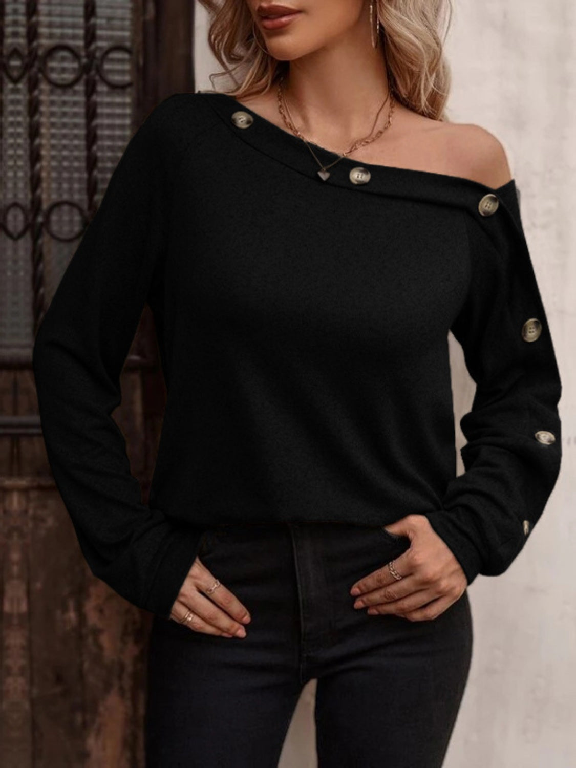 Decorative Button One Shoulder T-Shirt