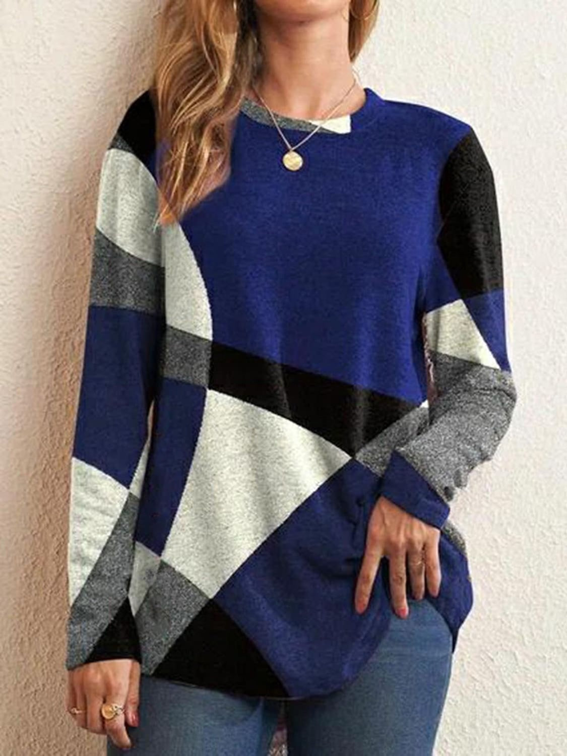 Geometric Round Neck Long Sleeve T-Shirt