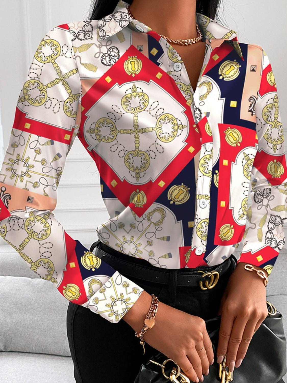 Printed Collared Neck Long Sleeve Shirt