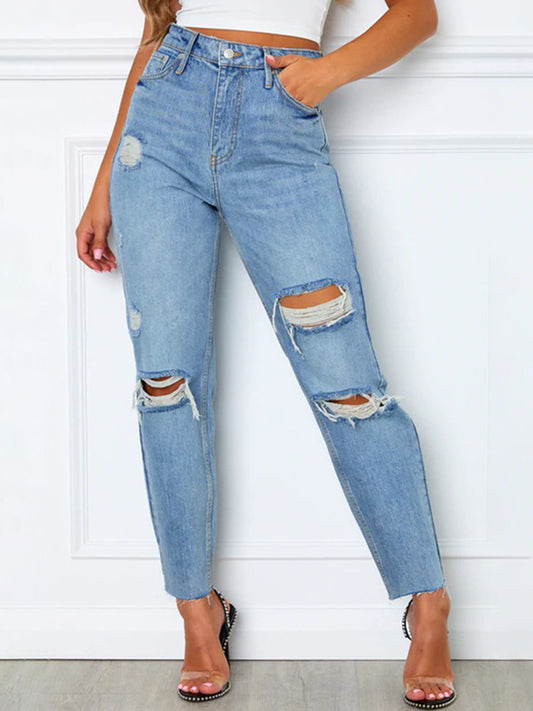 Distressed High Waist Straight Jeans