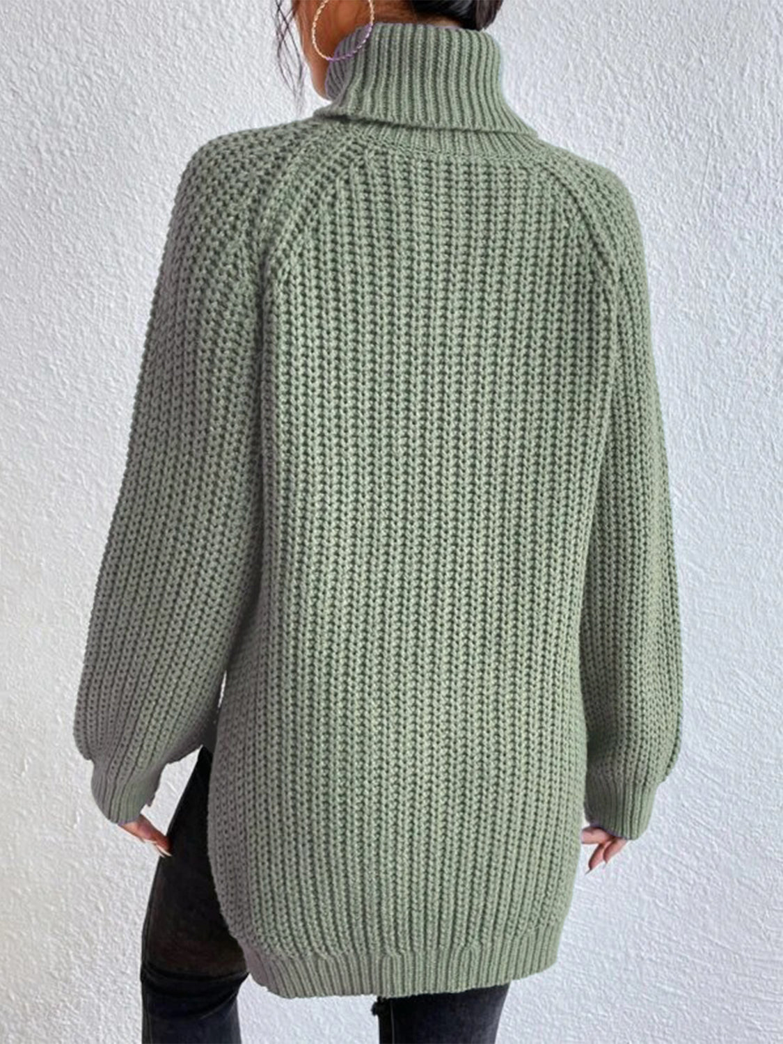 Full Size Turtleneck Rib-Knit Slit Sweater