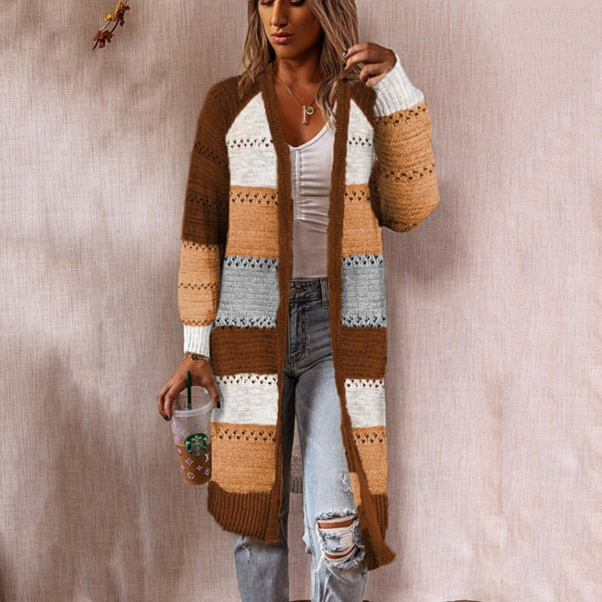 Color Block Open Front Openwork Cardigan