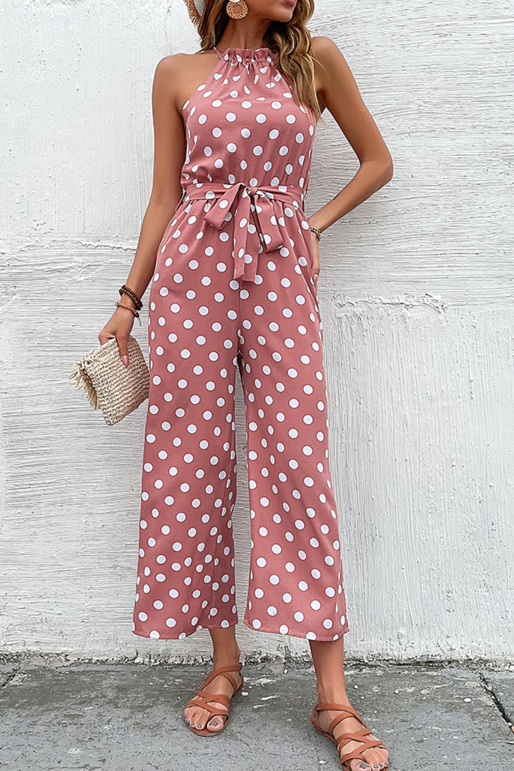 Polka Dot Grecian Wide Leg Jumpsuit