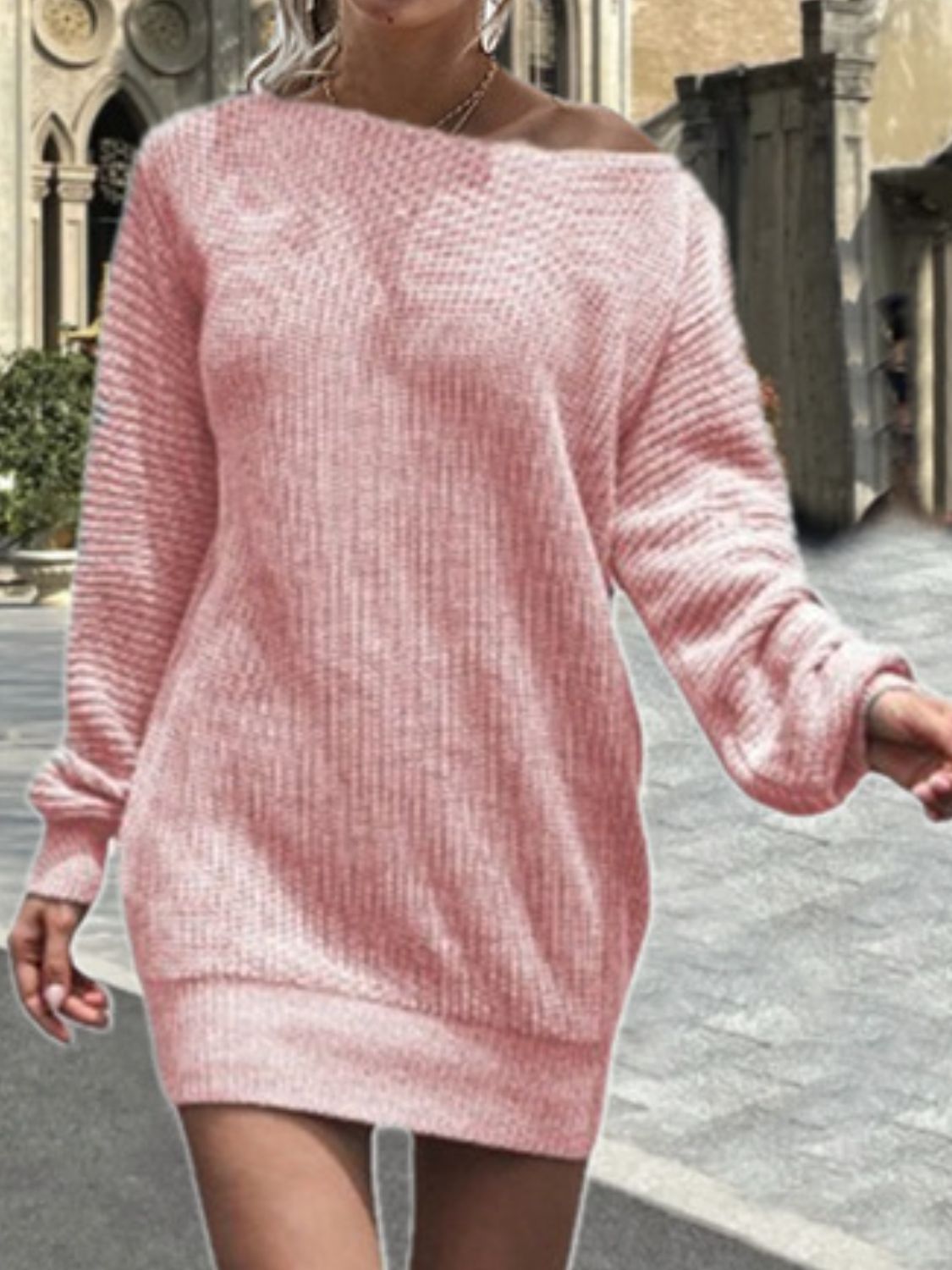 One Shoulder Lantern Sleeve Sweater Dress