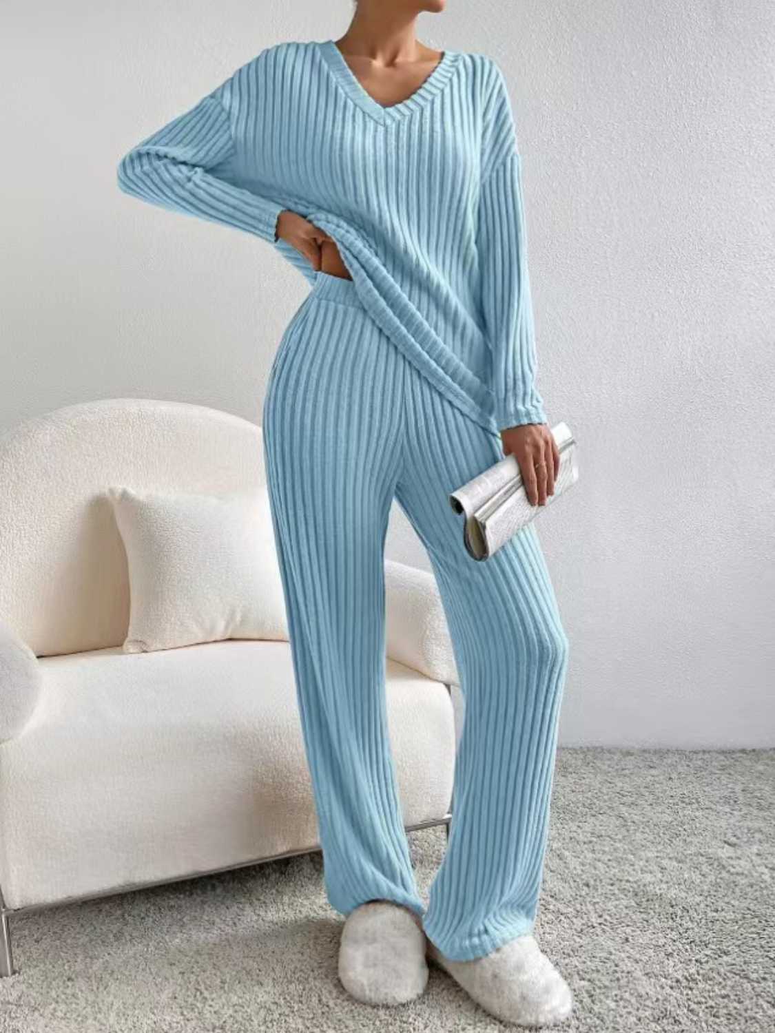 Ribbed V-Neck Long Sleeve Top and Pants Set